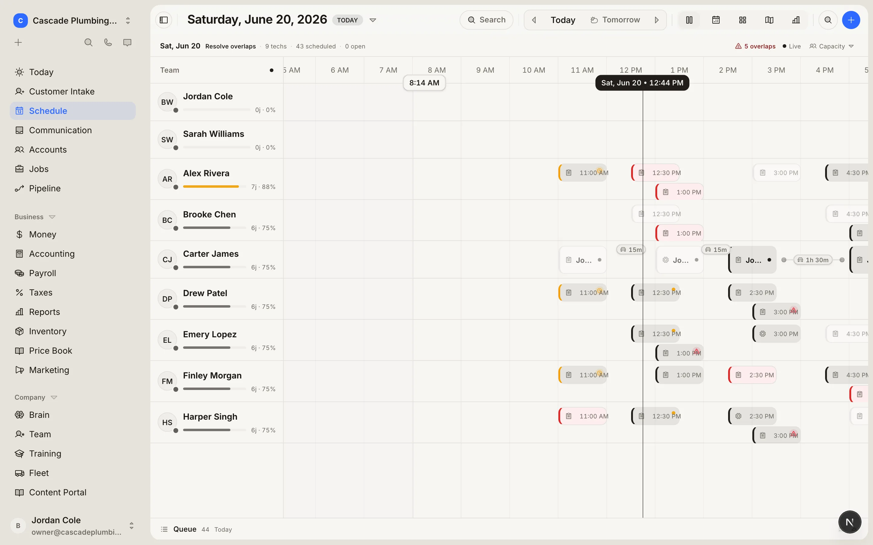 The Thorbis dispatch board showing today's jobs across nine technicians with utilization, overlaps, and live timing.